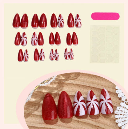 24PCS Red Cat Eye Striped French Christmas Press-On Nails Shiny High-Quality Reusable False Nail Tips Wholesale