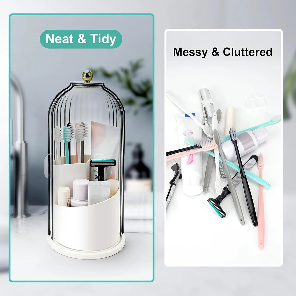 2pcs 360° Rotating Dustproof Makeup Brush Storage Box, Sliding Door Cosmetic Storage Rack + Dental Floss Storage Box