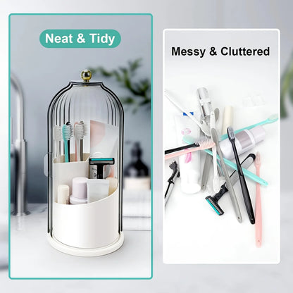 2pcs 360° Rotating Dustproof Makeup Brush Storage Box, Sliding Door Cosmetic Storage Rack + Dental Floss Storage Box