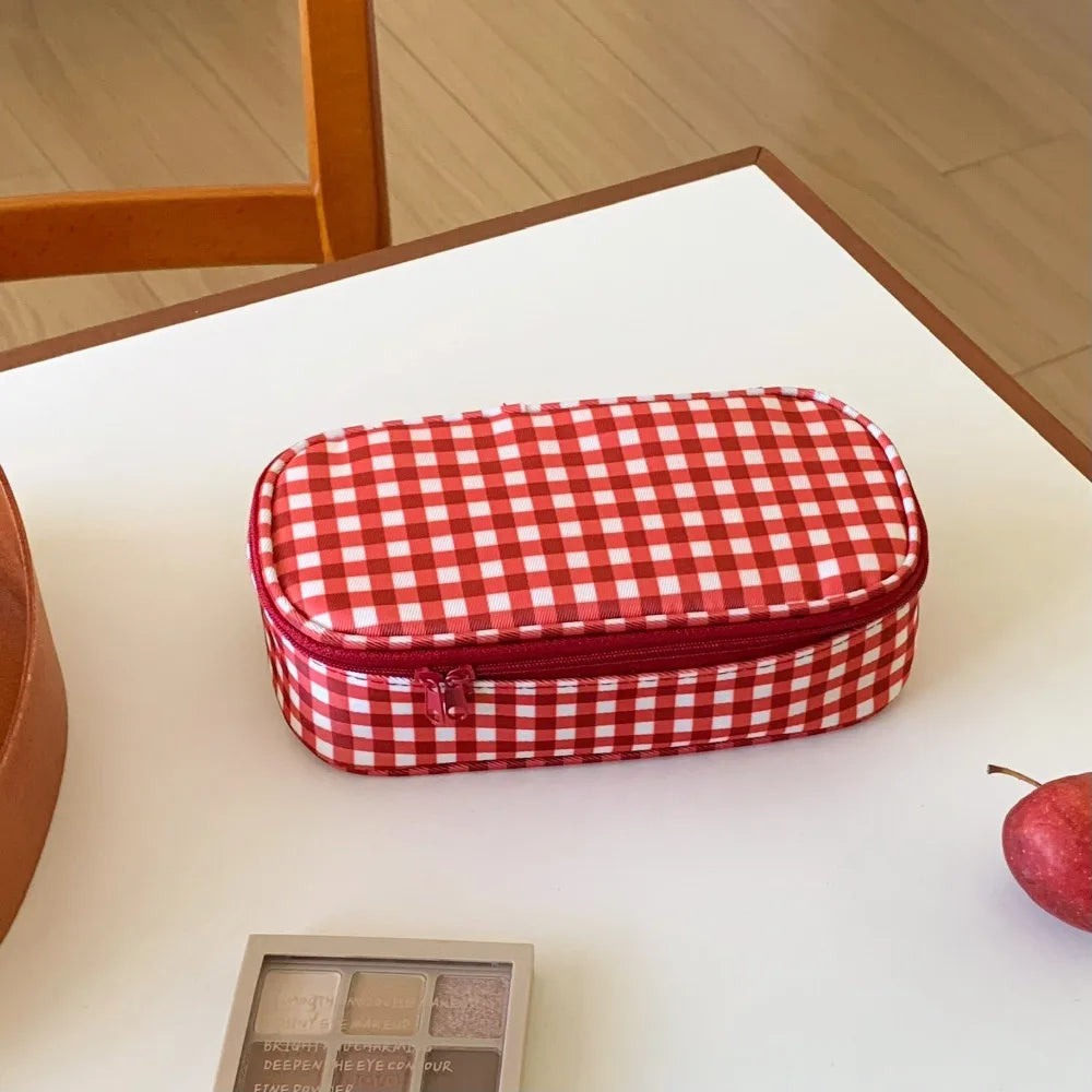 High Quality Red Grid Makeup Bag Multi-size Portable Toiletry Bag Cosmetic Pouch Women Cosmetic Bags & Cases