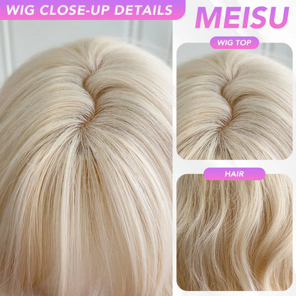 MEISU 12 Inch Short BOBO Wig Golden Synthetic Curly Wave Layered Wigs Fiber Heat-resistant Party or Cosplay Selfie For Women