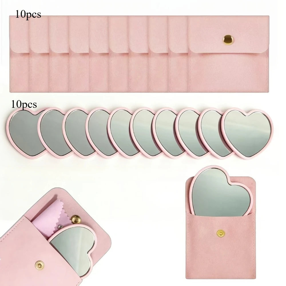 10/20/30sets Heart Shaped Pink Glass Makeup Mirror with Matching Cosmetic Bag for Travel Home Decor Holiday Gift