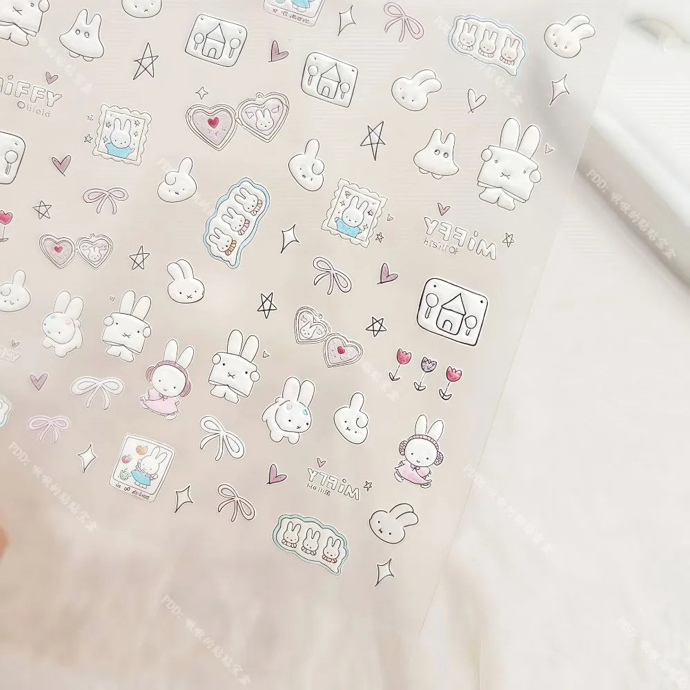 Kawaii Miffy Cartoon Cute Embossed 3D Nail Art Stickers Water Cup Cameras DIY Sticker Decorations Gift Toy for Girl S