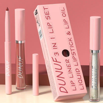 Matte Lip Liner Lip Gloss Lip Oil Set, 3-in-1 Waterproof Non-sticky Long-Lasting Lipstick, Nude Deep Red Mauve, Christmas Makeup