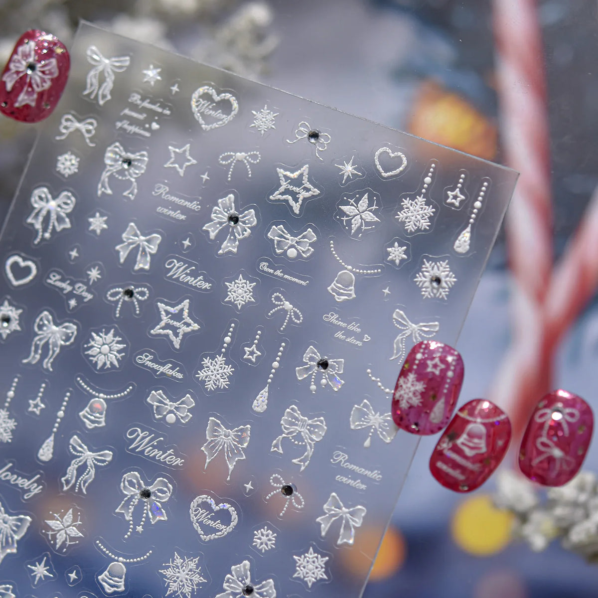 White Snowflake Red Bowknot Nail Art Sticker Adhesive High Quality Winter DIY Nail Art Decal Foil Decoration
