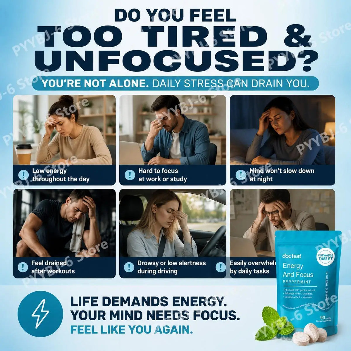 Docteat Peppermint Energy & Focus Chewable Tablets with L-Theanine and B Vitamins for Daily Vitality Support, 90 Tablets