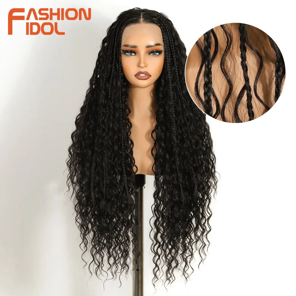 FASHION IDOL 13X4 Twist Box Braided Lace Wigs For Women Synthetic Lace Frontal Wigs Ivory White Faux Locs Goddess Braids Wigs
