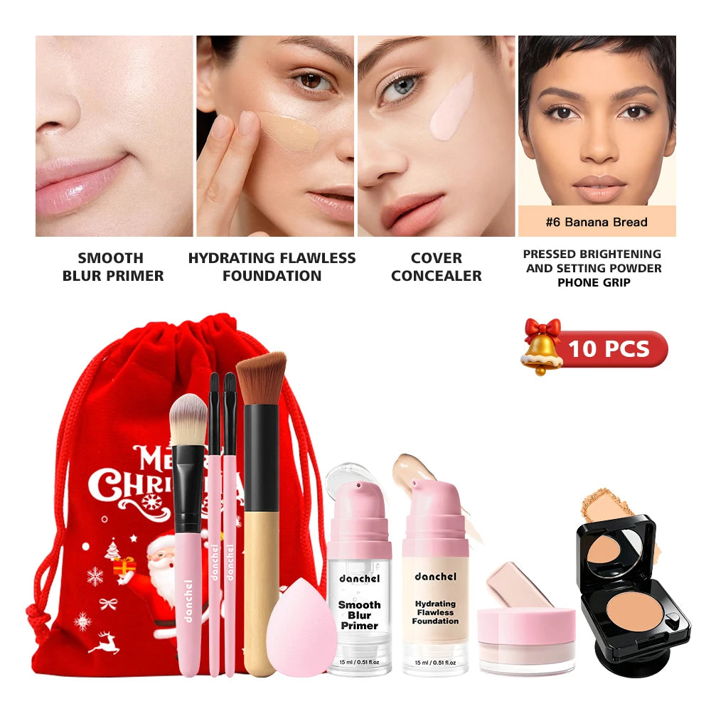 10Pcs Makeup Set Primer Foundation Concealer Setting Powder Makeup Brushes Beauty Sponge Full Face Cosmetic Kit Christmas Gift