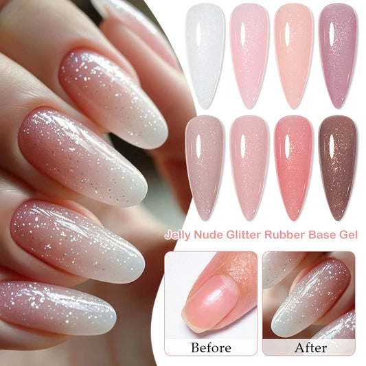 MEET ACROSS 7ml Rubber Base Gel Glitter Nude Pink White 2 In 1 Gel Nail Polish Nail Art Varnish For Nails Winter Autumn Manicure