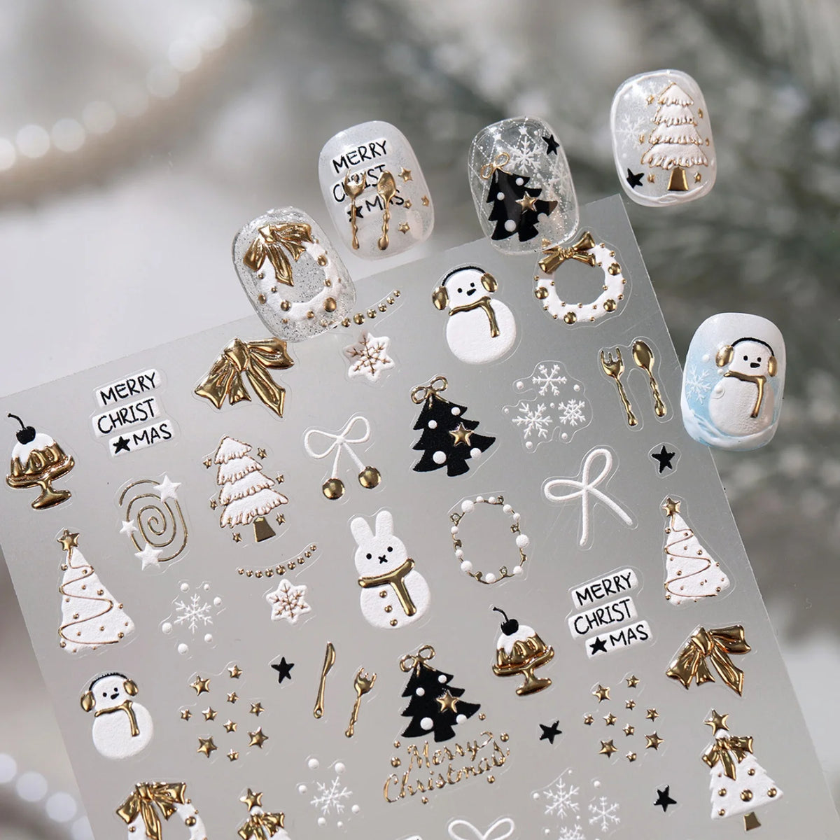 Cute Winter Cartoon Christmas Tree 5D Nail Sticker Snowman Rabbit Bow Pearl Wreath Cake Snowflake Star Self‑Adhesive Nail Decal