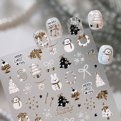Cute Winter Cartoon Christmas Tree 5D Nail Sticker Snowman Rabbit Bow Pearl Wreath Cake Snowflake Star Self‑Adhesive Nail Decal