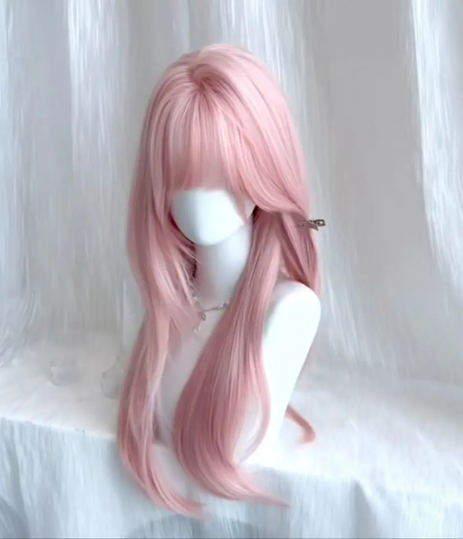 Ashely Pink Wig for Women Hair Wig with Bangs High Temperature Fibers Lolita Cute Layered Wig Synthetic Wigs Headband 가발 Парик