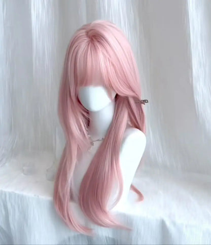 Ashely Pink Wig for Women Hair Wig with Bangs High Temperature Fibers Lolita Cute Layered Wig Synthetic Wigs Headband 가발 Парик
