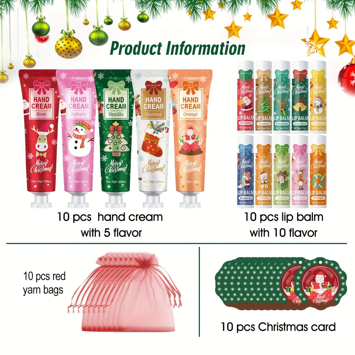 10 Sets per Box. Mixed Lip Balms and Hand Creams, Richly Moisturizing. Perfect for Christmas Giveaways and New Year Gifts.