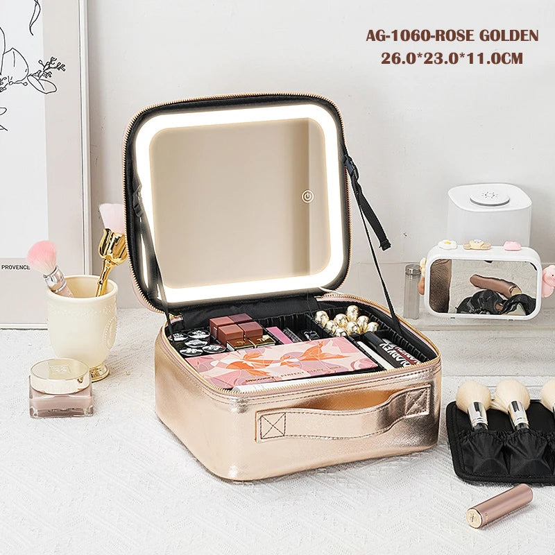 Cosmetic Portable Travel Storage Box With 2000mAh Led Rechargeable Vanity Bags Makeup Case With Led Light Mirror