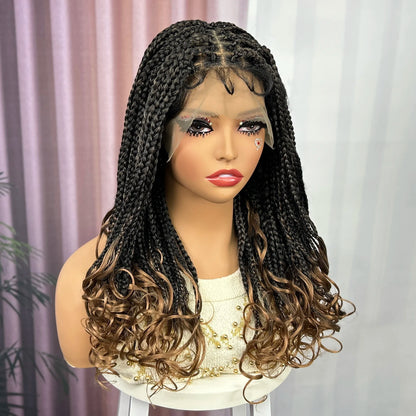 Knotless Box Braided Wig with Wavy Ends Synthetic Lace Frontal 1B-30 Dark Ombre Braided Lace Wig with Baby Hair for Black Women