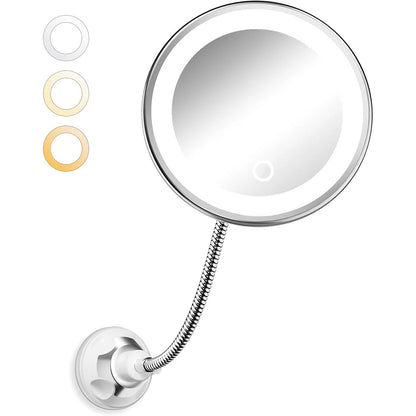10X Magnifying Vanity Mirror with Light, Flexible Gooseneck Makeup Mirror, Battery Operated with Suction Cups & 3 Lighting Modes