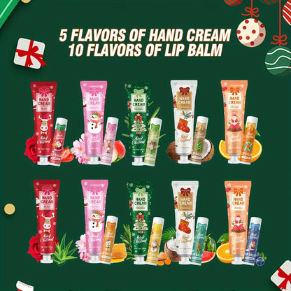 10 Sets per Box. Mixed Lip Balms and Hand Creams, Richly Moisturizing. Perfect for Christmas Giveaways and New Year Gifts.