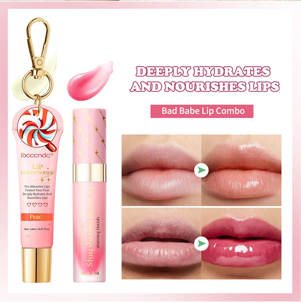 Lip Glosses Set Lip Gloss Combo with Keychain Peach Fragrance Moisturizing Plumping Lip Makeup Christmas Present