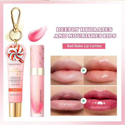 Lip Glosses Set Lip Gloss Combo with Keychain Peach Fragrance Moisturizing Plumping Lip Makeup Christmas Present