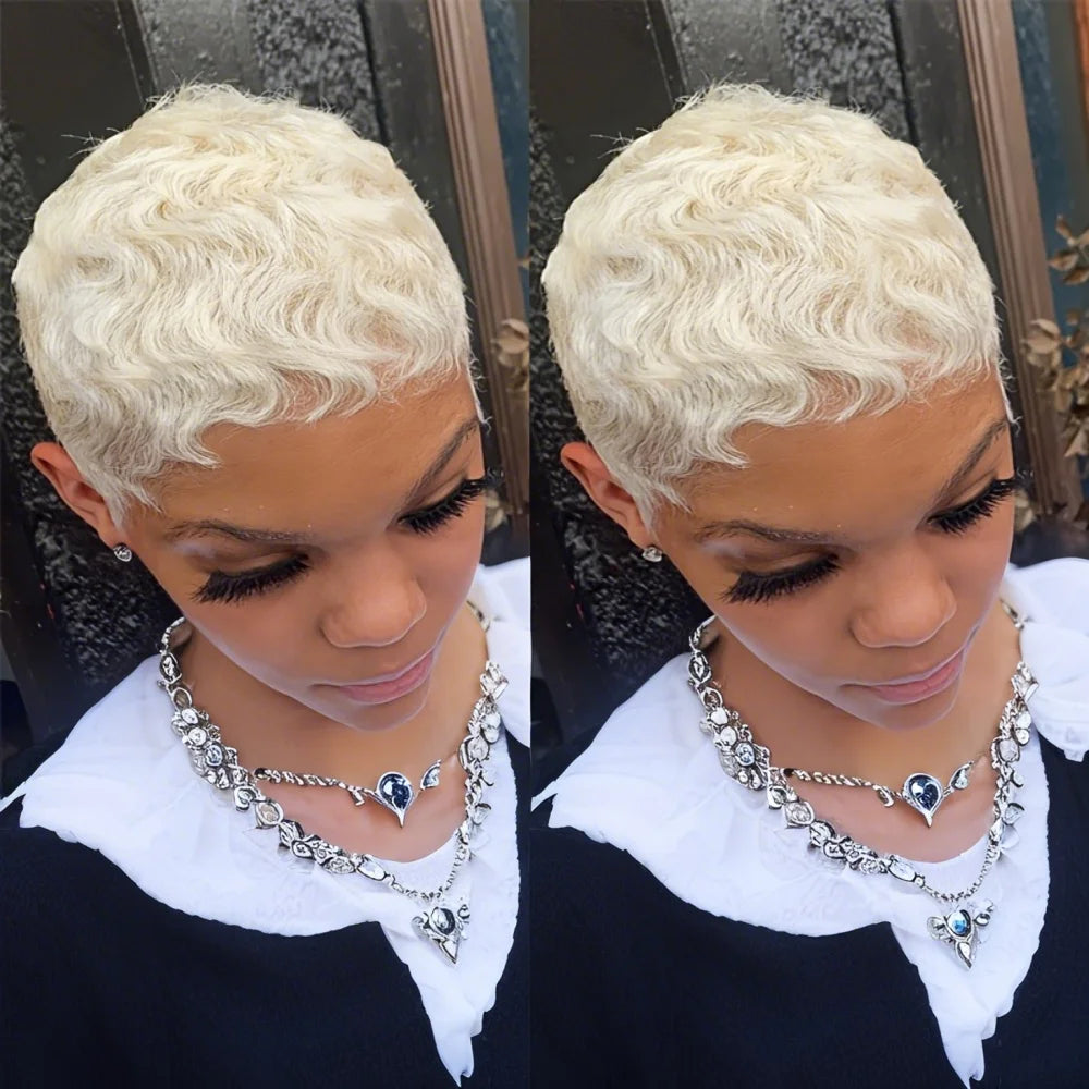  Stylish 60 Blonde Curly Human Hair Wig with Bangs Brazilian Remy Short Layered Natural Look Style Machine Made Wig for Women