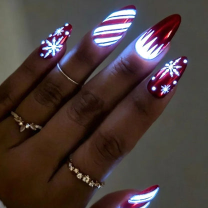 24pcs Christmas Red Metallic Press On Nails Luminous Glow In Dark Snowflake Candy Stripe Fake Nail Long Almond False Nail