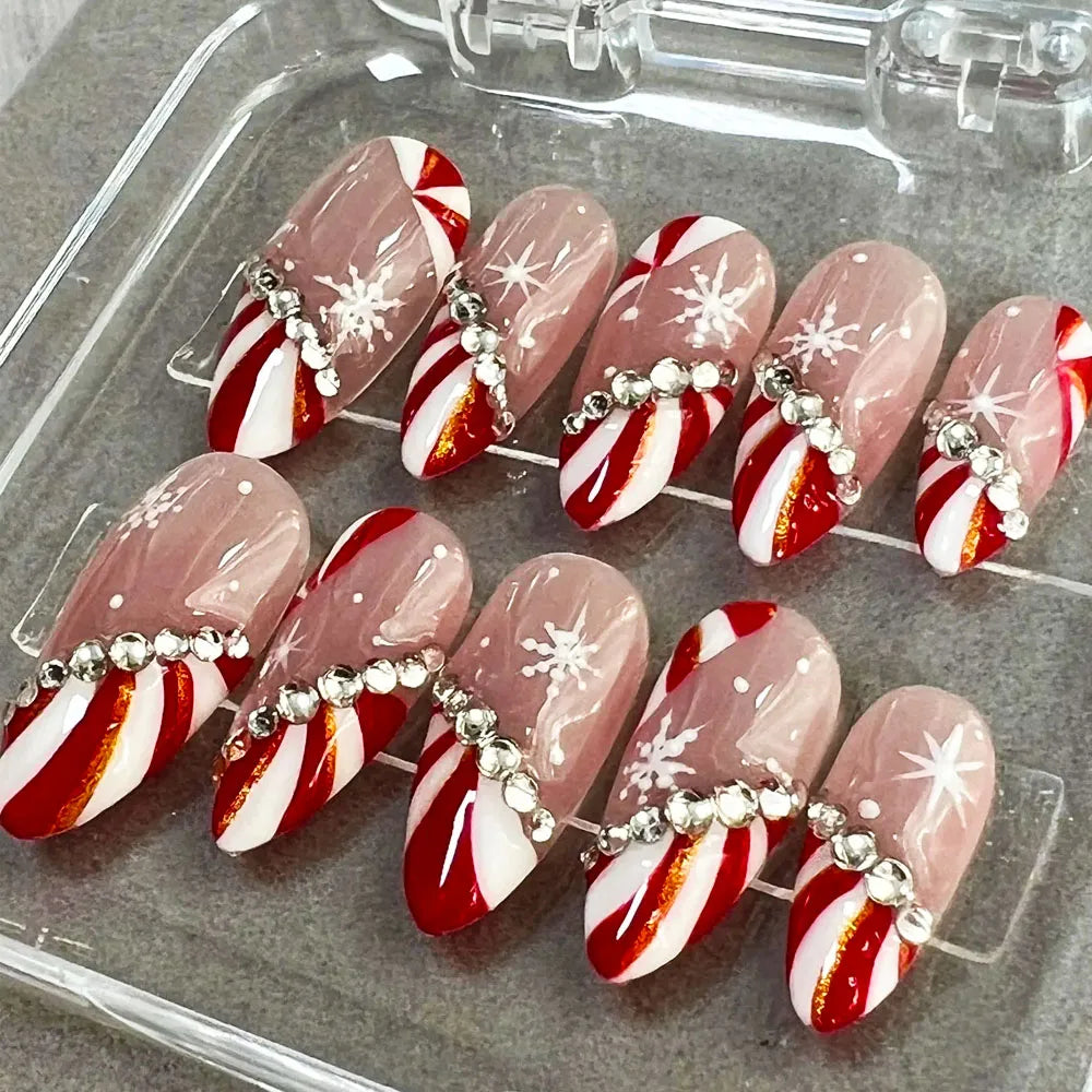 24pcs Red White French Line Christmas Sweet False Nails With Snowflake Rhinestone Starburst Design Pink Almond Press On Nails