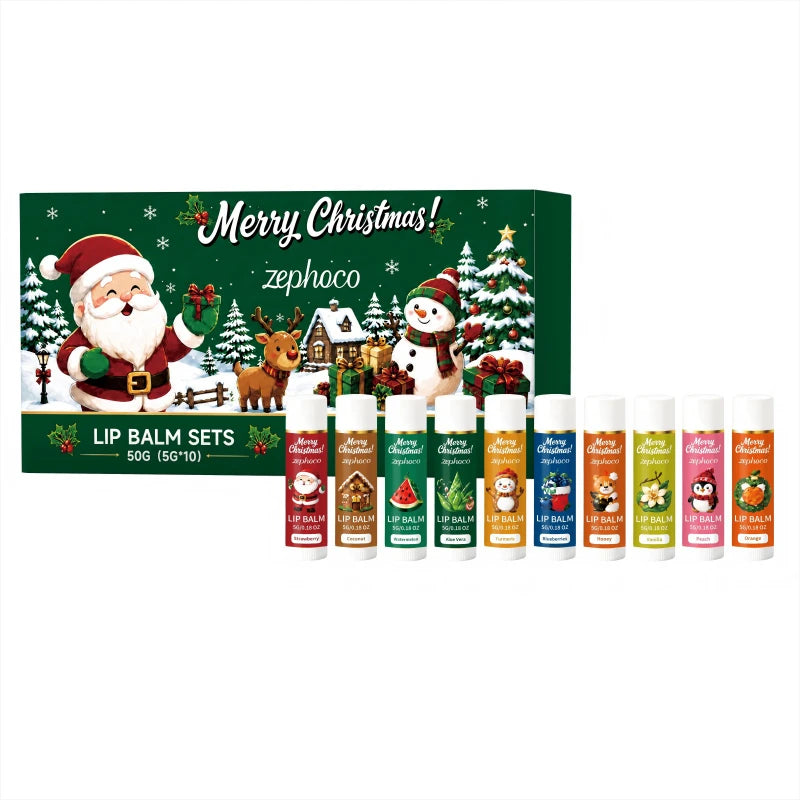 Christmas Lip Balm Set 10Pcs Multiple Flavors Moisturizing Nourishing Dry Lip Care Portable Holiday Gift Lip Balms