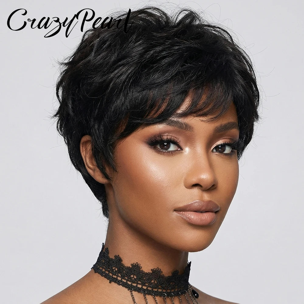 Short Pixie Cut Wig Black Human Hair Lace Front Wigs for Black Women Textured Layered Side Bang Natural Hairline Daily Work Styl