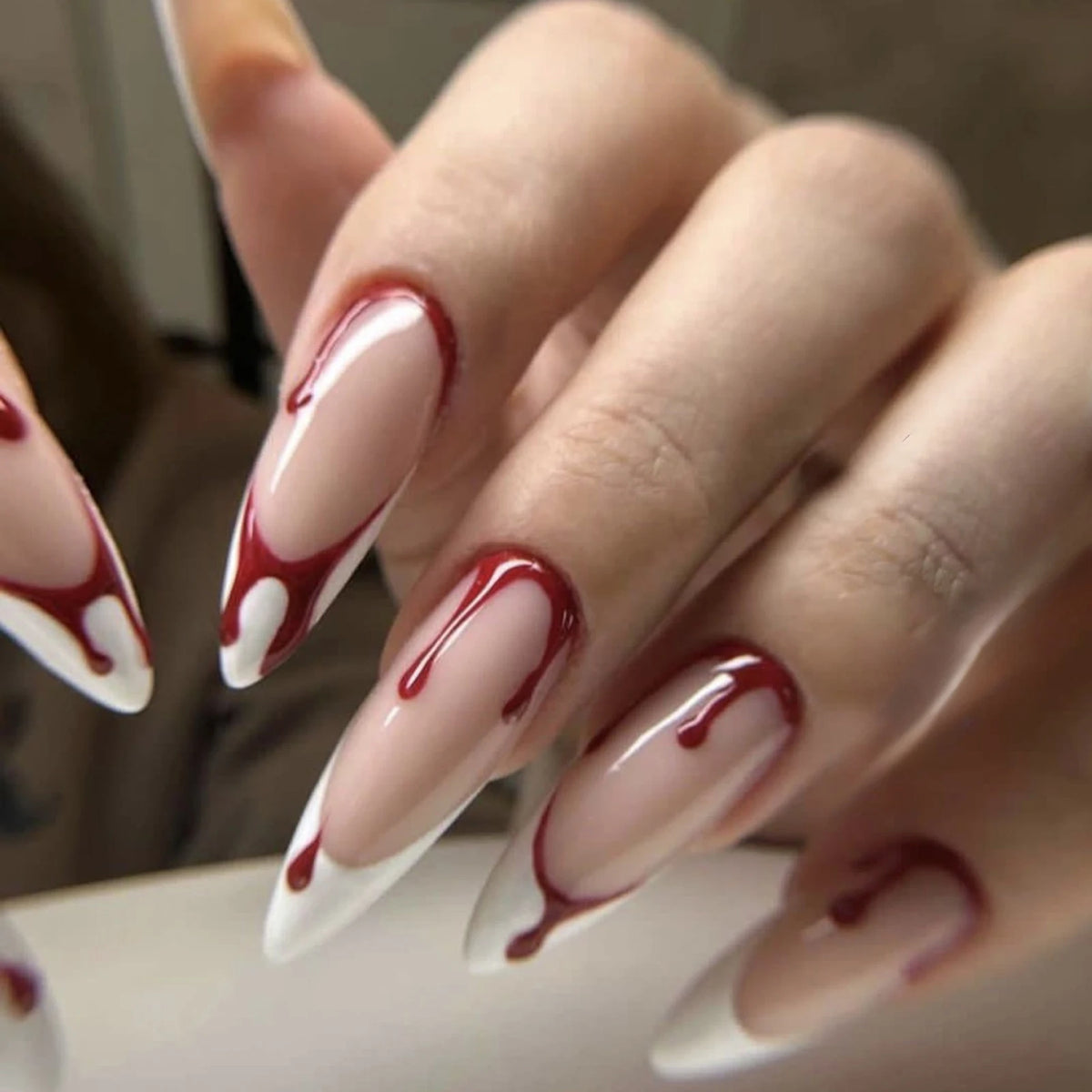 24pcs Blood Red Fake Nails Gradient Long Pointed False Nail Patch Full Cover Wearable Fake Nail Tips Halloween Manicure Sets