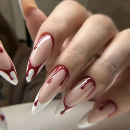 24pcs Blood Red Fake Nails Gradient Long Pointed False Nail Patch Full Cover Wearable Fake Nail Tips Halloween Manicure Sets