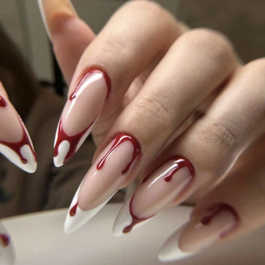 24pcs Blood Red Fake Nails Gradient Long Pointed False Nail Patch Full Cover Wearable Fake Nail Tips Halloween Manicure Sets