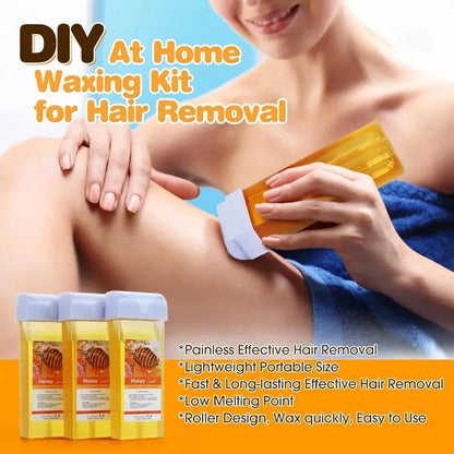 Women Home Hair Removal Kit Roll on Wax Warmer Honey Roller Wax Cartridge 100Pcs Depilatory Wax Strips Body Leg Arm Waxing Set