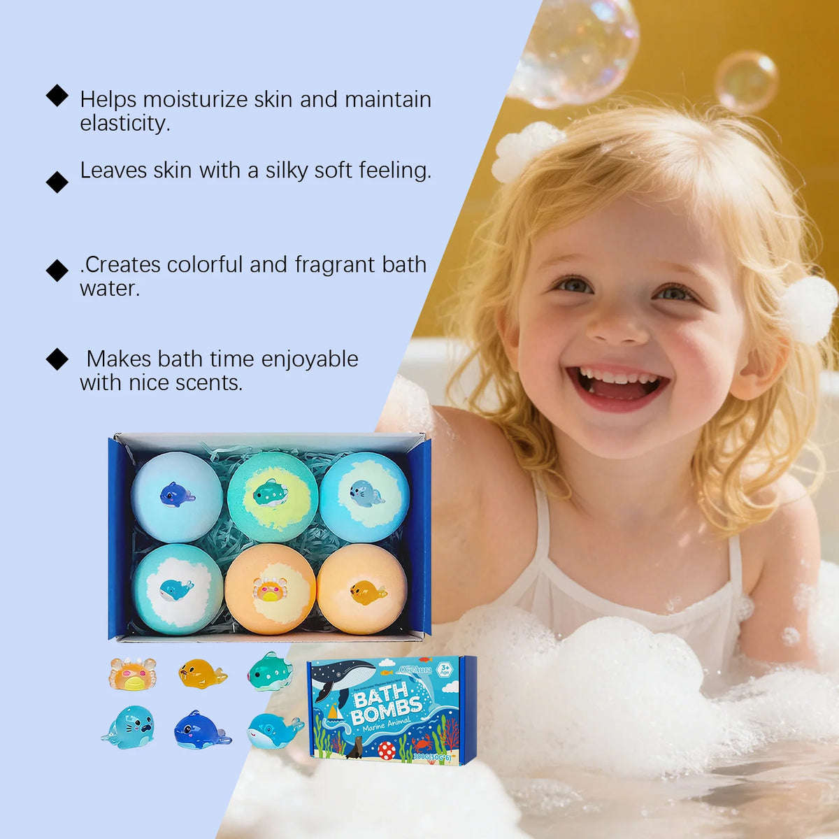OceAura Bath Bombs with Toys Inside Fun Kids Bath Clean Skin Exfoliation Sea Salt Surprise Bath Bombs for Children Gift Set 300g
