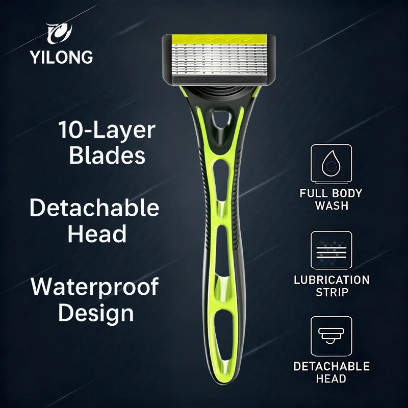 10-Blade Razor for Men Women with 1 Handle & 4 Refills, Stainless Steel Replaceable Shaver Blades, Manual Grooming Kit