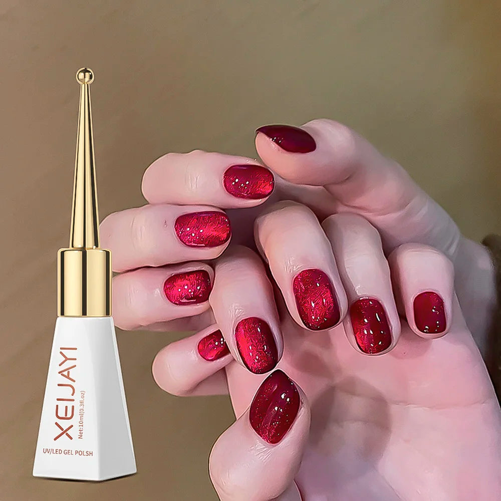 10ml Shiny Rose Red Magnetic Cat Gel Nail Polish Glitter Silk Crystal Cat Eye Gel Nail Polish Shiny Diamond Soak Off UV Gel Varn