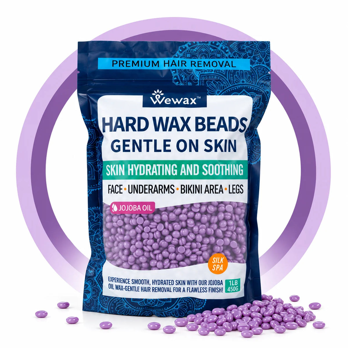 WEWAX 450g Hard Wax Beads Family Pack, Premium Brazilian Lavender Scented Beeswax Wax Beans, Strong Adhesion, Precise Paperless Quick Hair Removal, for Full Body Bikini Area Hands Legs, Normal Skin, Salon Home Body Care Wax,