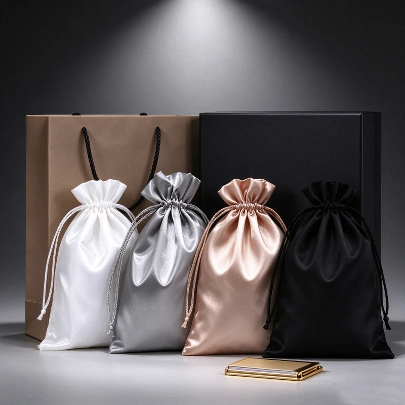 10PCS Custom Satin Bags Hair Bags Luxury Goods Silk Packaging Drawstring Pouches Makeup Case Shoes Cloth Wigs Storage Bag