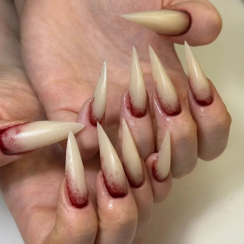 24pcs Blood Red Fake Nails Gradient Long Pointed False Nail Patch Full Cover Wearable Fake Nail Tips Halloween Manicure Sets