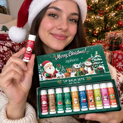 Christmas Lip Balm Set 10 Pack Fruit Flavored Moisturizing Gift Box for Chapped Lips Winter Care Women 50g Christmas Gift