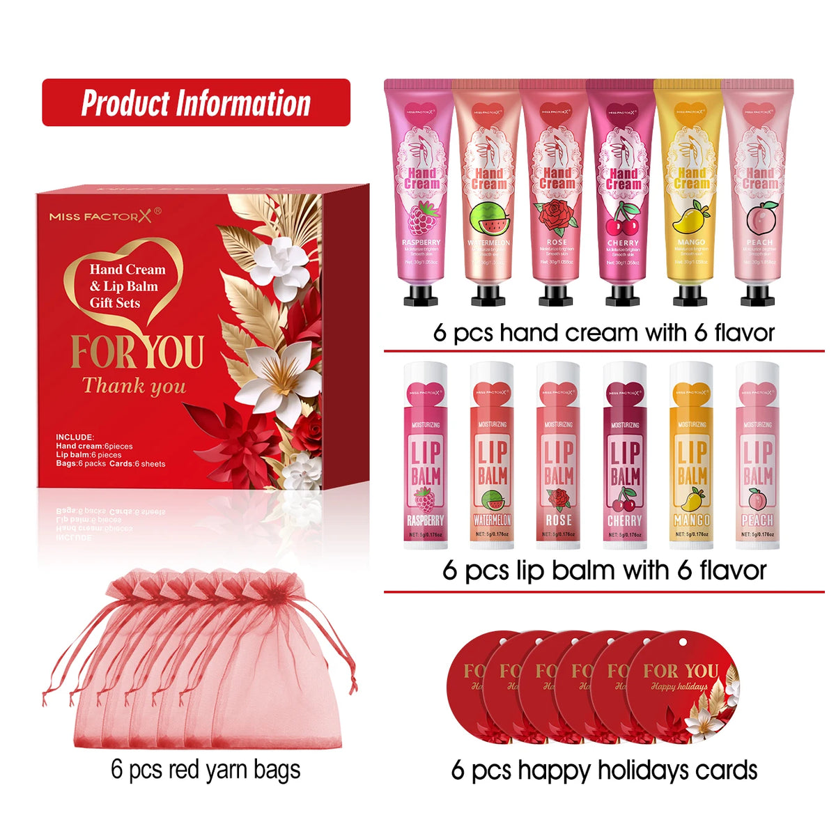 24PCS/Box Bulk Lip Balm Bulk Hand Cream Bulk Red Thank You Card and Red Gauze Bag Newlywed Thank You Gifts to Guests Christmas