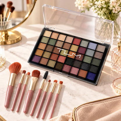 1 Set Tlm 40-Color Eyeshadow Palette with Makeup Brush Set, Matte and Shimmer Multi-color Earth Tones, Long-Lasting and Vibrant, Great for Beginners