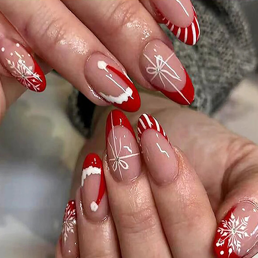 24Pcs Red Christmas Fake Nails Cute Santa Claus Reindeer & Snowflake Designs Artificial Nails Glossy Short Oval Press On Nails