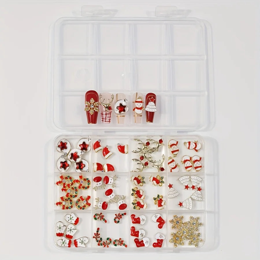 12 Grids Christmas Alloy Nail Charms Mixed Santa Hat Reindeer Snowflake Candy Cane 3D Rhinestone Enamel Ornaments Holiday DIY Nail Decor