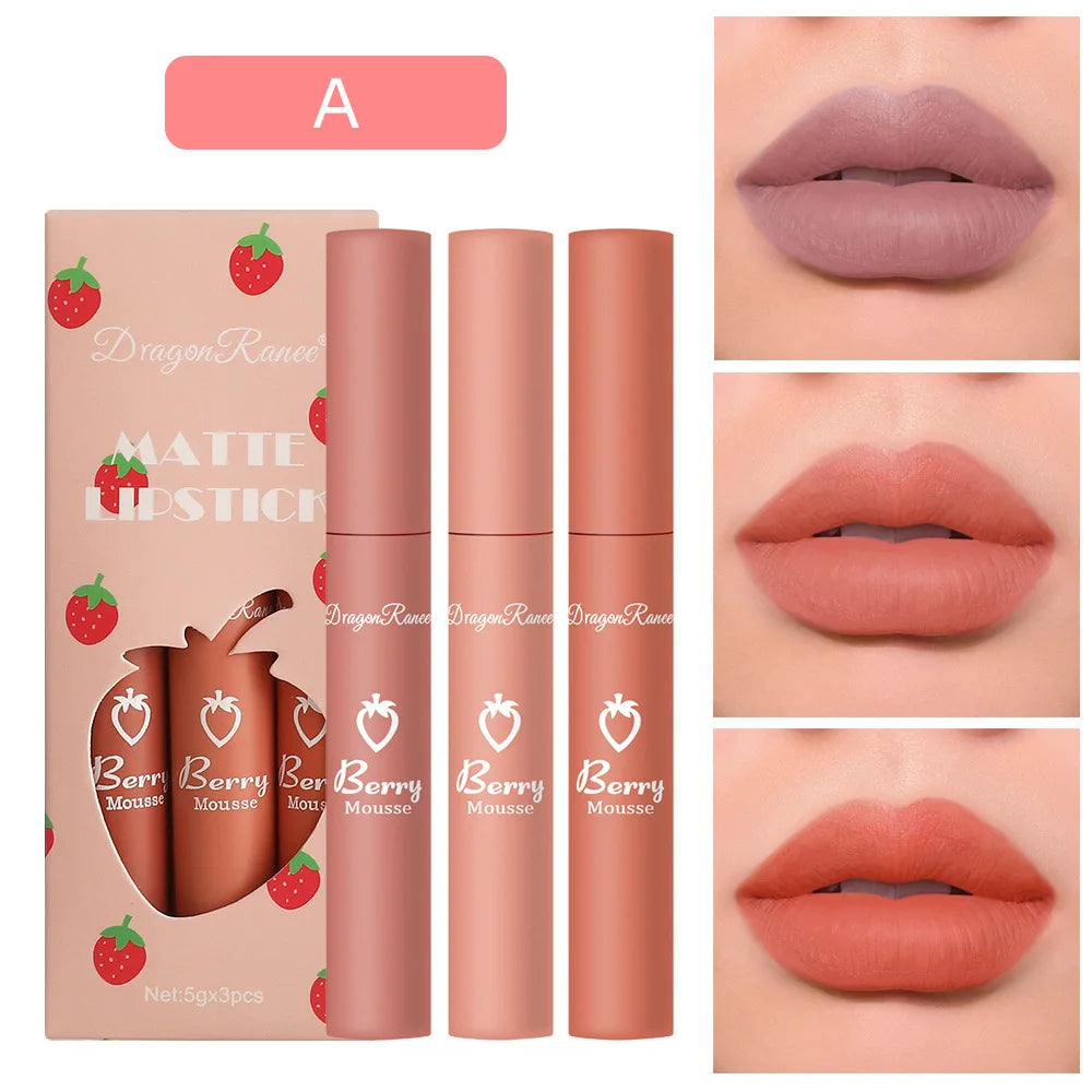 3 PCS Strawberry Velvet Matte Lip Gloss Set Non Stick Lipstick Cute Lip Makeup For Women Long Lasting Hydrating
