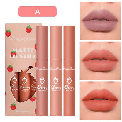 3 PCS Strawberry Velvet Matte Lip Gloss Set Non Stick Lipstick Cute Lip Makeup For Women Long Lasting Hydrating