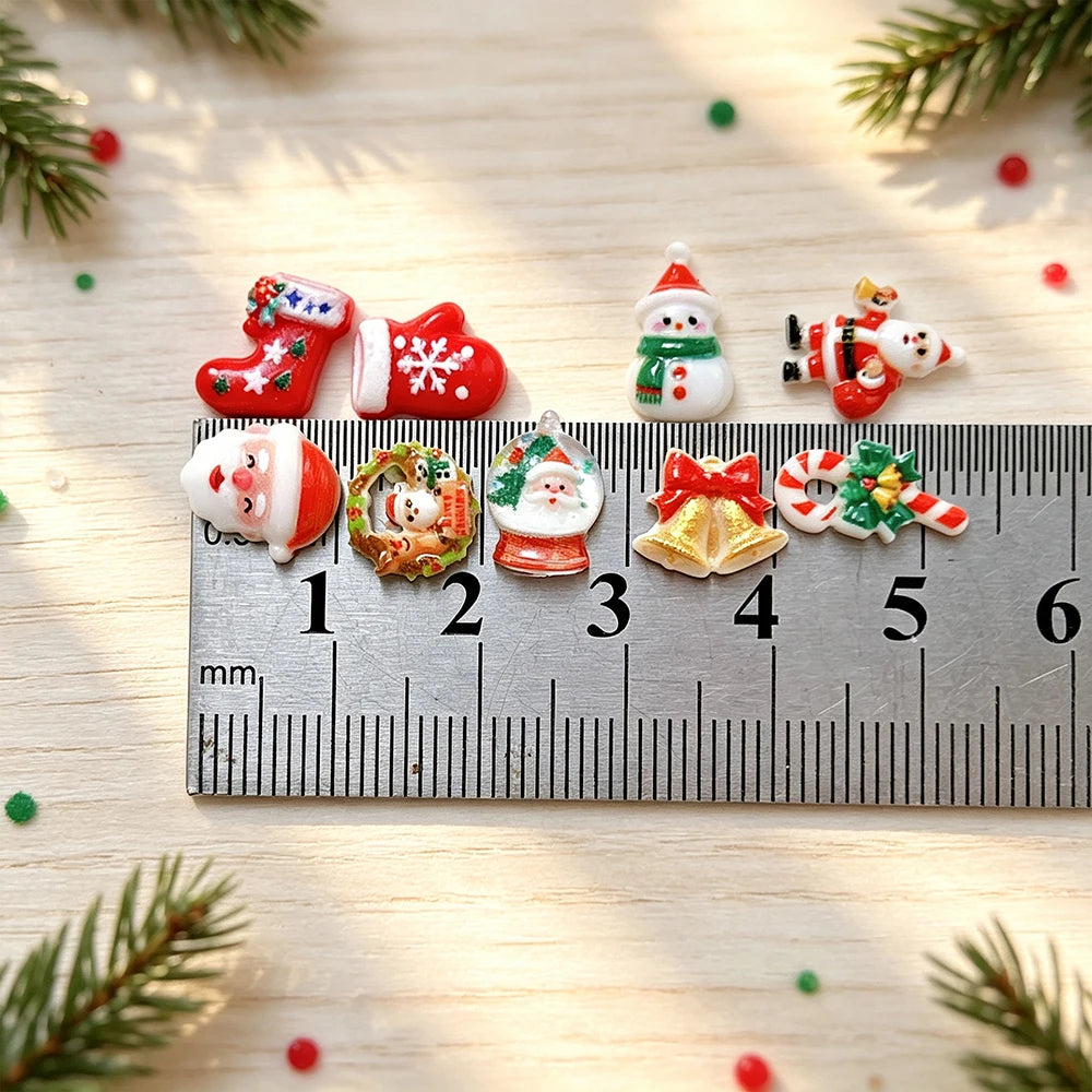 50pcs Mixed Kawaii Resin Christmas Nail Charms Xmas Santa Tree Sock Elk Bell Candy Cane Nail Ornament Flatback Nail Accessories
