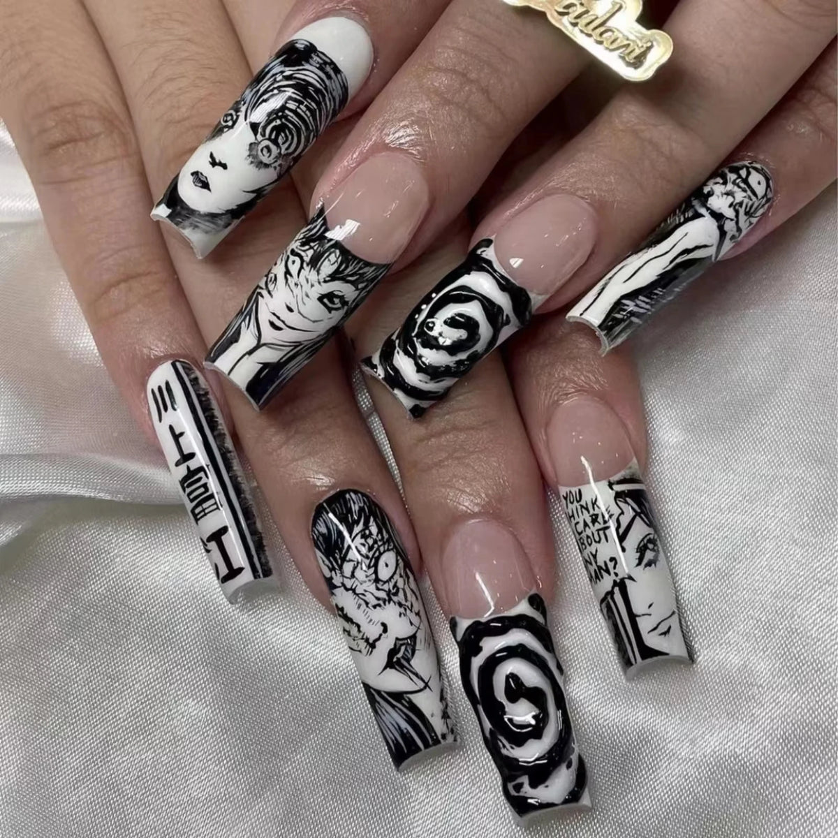 24pcs Anime Manga Press On Nail Black Red Gothic Oval False Nail 3D Rhinestone Spider Flower Fake Nail Y2K Almond Nail for Women
