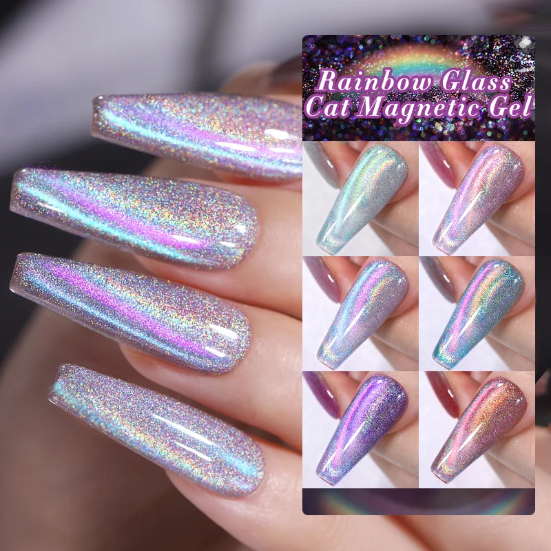 BORN PRETTY 10ml Rainbow Glass Cat Magnetic Nail Gel Polish Sparkling Double Light Reflective Glitter Colorful Laser Varnish