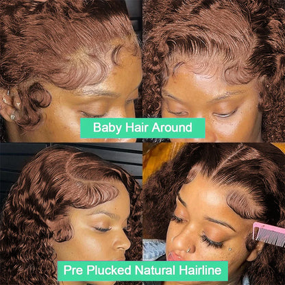 Chocolate Brown 200% Density Deep Curly 13x4 Lace Frontal Bob Wig Water Wavy Human Hair Wigs Pre Plucked Virgin Wet And Hair #4
